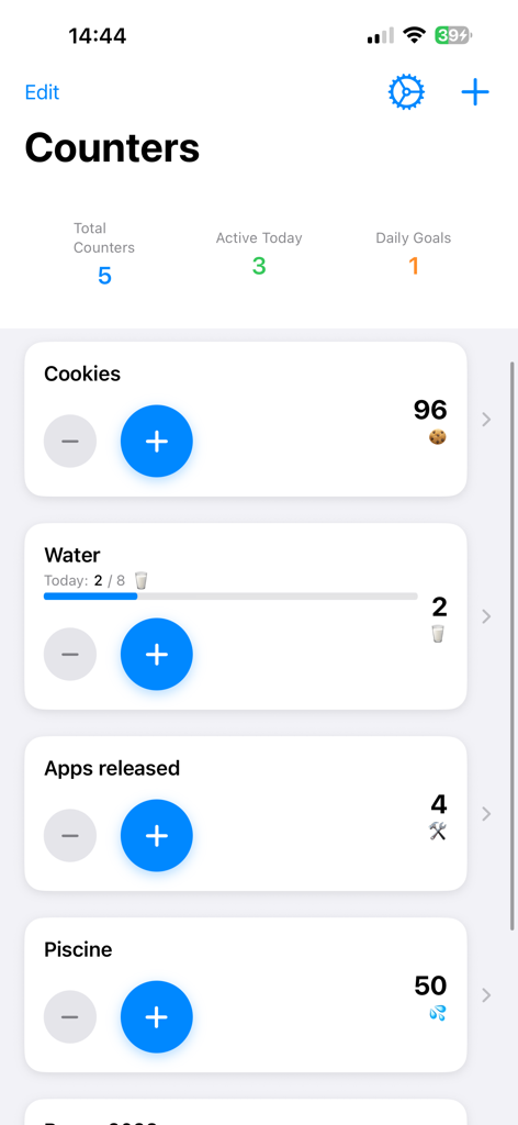 Counter : Count Everything - Painel principal do aplicativo Counter mostrando rastreadores de contagem personalizados para ingestão de água, biscoitos e aplicativos lançados