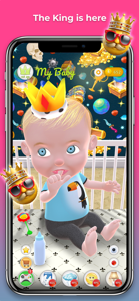 A virtual baby wearing a gold crown in a nursery decorated with treasure chests and gold coins