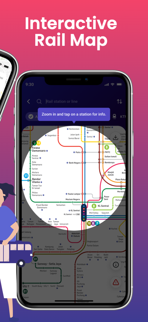 MyRapid PULSE app interface showing an interactive rail map of Kuala Lumpur transit lines