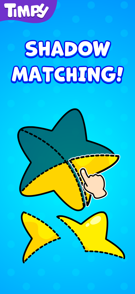 Kleinkind-Schatten-Zuordnungsspiel mit einem gelben Sternenpuzzle auf blauem Hintergrund