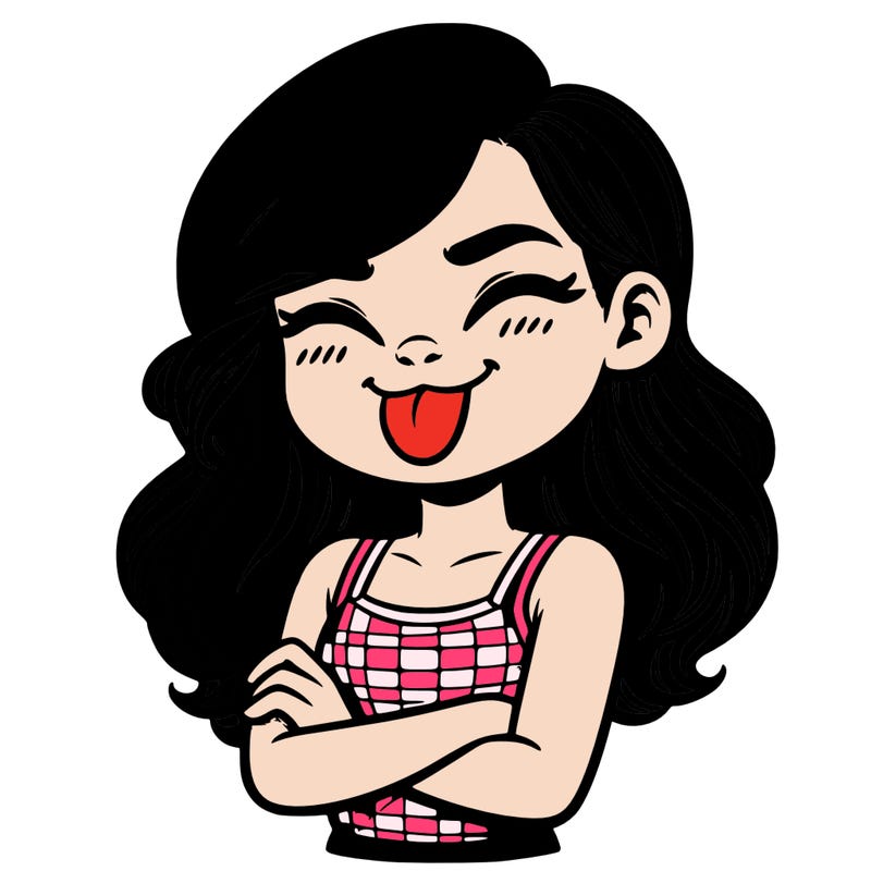 realistic girl crossing her arms and wearing a tank top with her tongue held out she has long hair