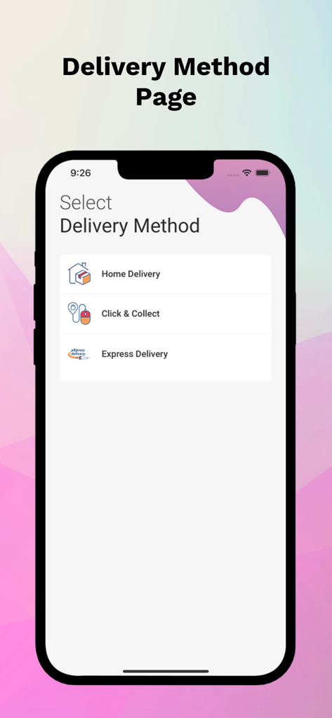 Fantasy World Toys app screen showing options for Home Delivery Click and Collect and Express Delivery