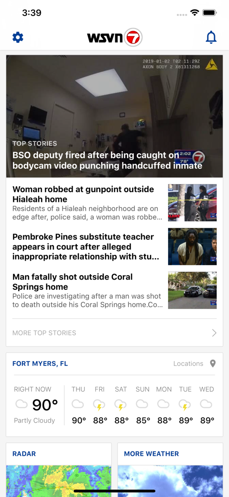 WSVN - 7 News Miami - WSVN 7 News Miami mobile app interface displaying local breaking news headlines and a weather forecast for Florida