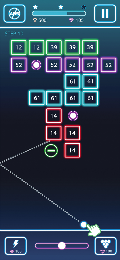 Bricks Breaker: Deluxe Crusher - Captura de pantalla del juego de Bricks Breaker Deluxe Crusher que muestra ladrillos de neón brillantes y una línea de trayectoria de bola