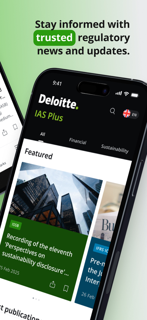 Pantalla de smartphone que muestra la aplicación Deloitte IAS Plus con noticias regulatorias confiables y actualizaciones de sostenibilidad.
