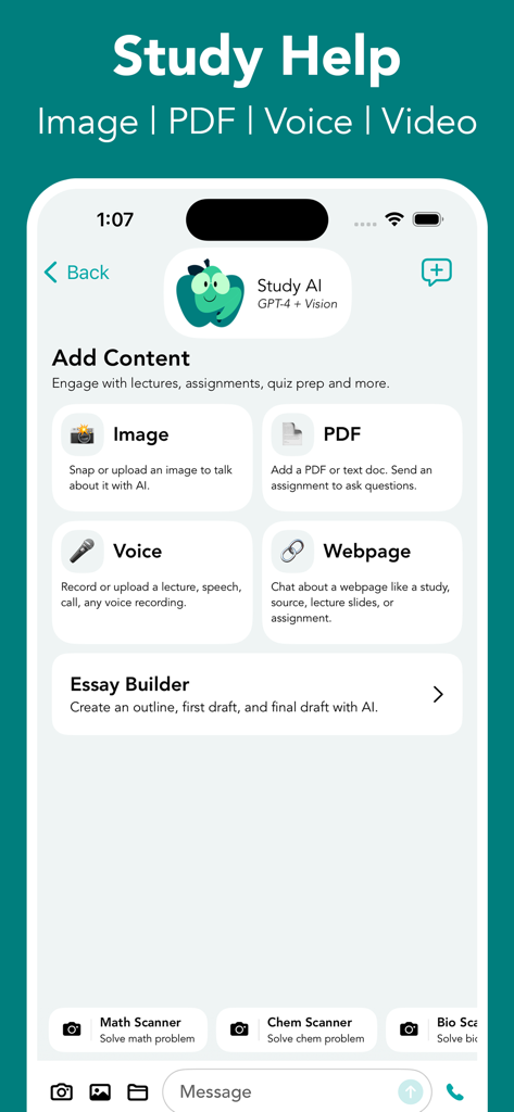 L'écran de l'application StudyAI affiche les options d'aide à l'étude par image, PDF, voix et page web.