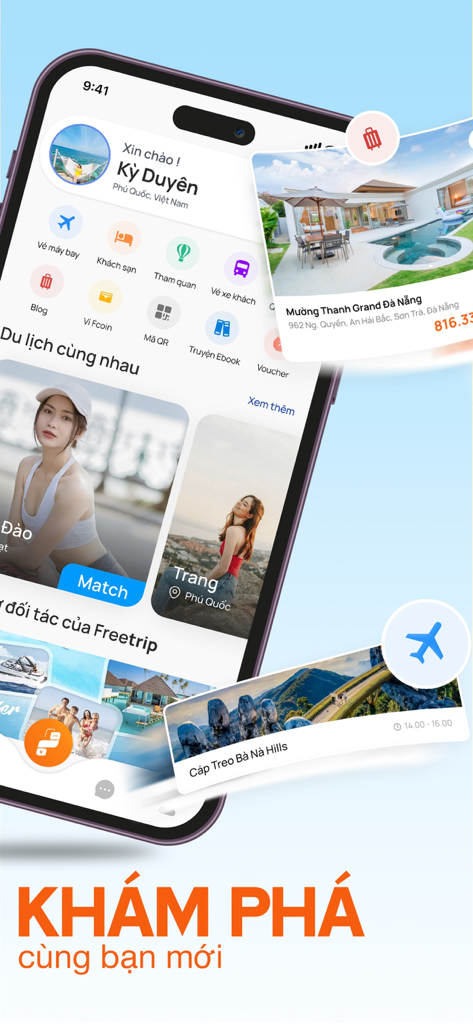 Freetrip - Freetrip app interface showing travel companion matching and booking services