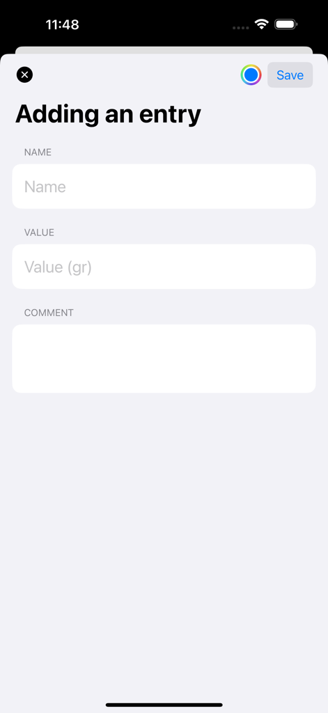 AutoPaint Pro - Interfaz para agregar una nueva entrada de formulación de pintura con nombre y peso