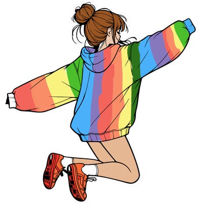 realistic girl jumping with a bun and oversized sweatshirt