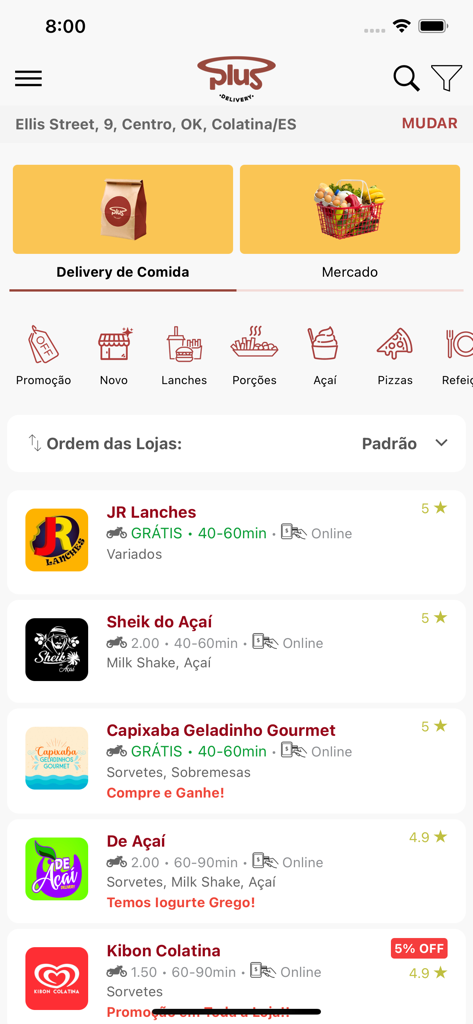 Plus Delivery - Plus Delivery mobile app interface showing a list of local restaurants and grocery stores with ratings and delivery information