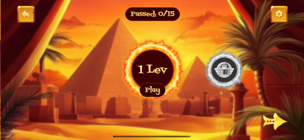 Egypt: Sun Eclipse - Pantalla de selección de niveles de Egypt Sun Eclipse con pirámides antiguas al atardecer y un botón de reproducción de sol flameante