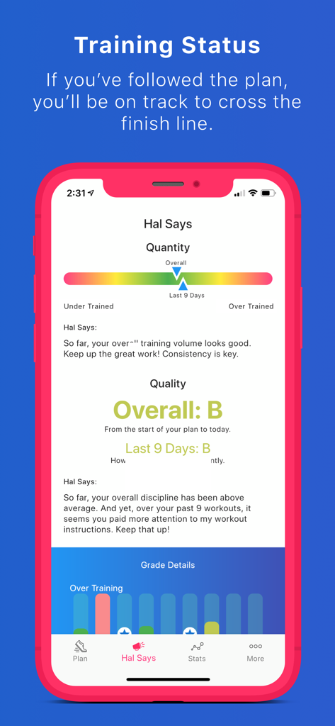 Run With Hal - Mobile app screen showing running training status with quantity and quality metrics