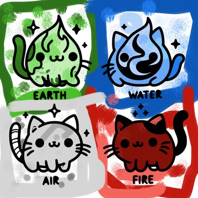 4 cats that represent the different elements, earth, water, air, and fire