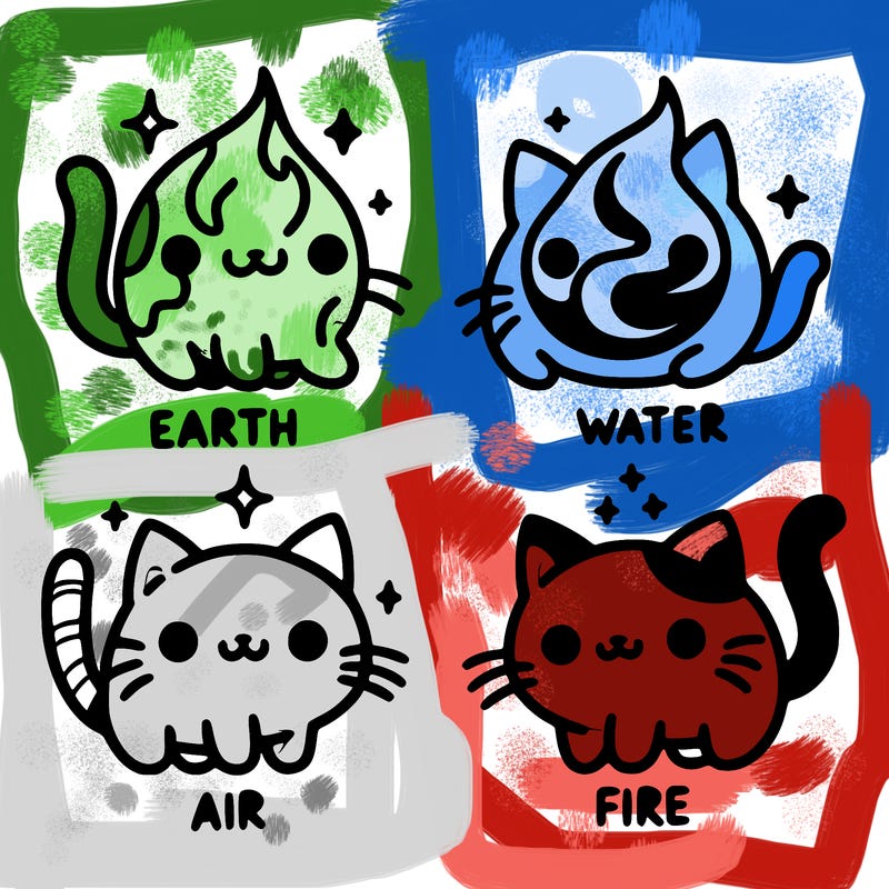 4 cats that represent the different elements, earth, water, air, and fire
