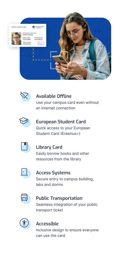 Digital Campus Card - オフラインアクセス、図書館カード、公共交通機関の統合を含む、デジタルキャンパスカードアプリの機能リスト