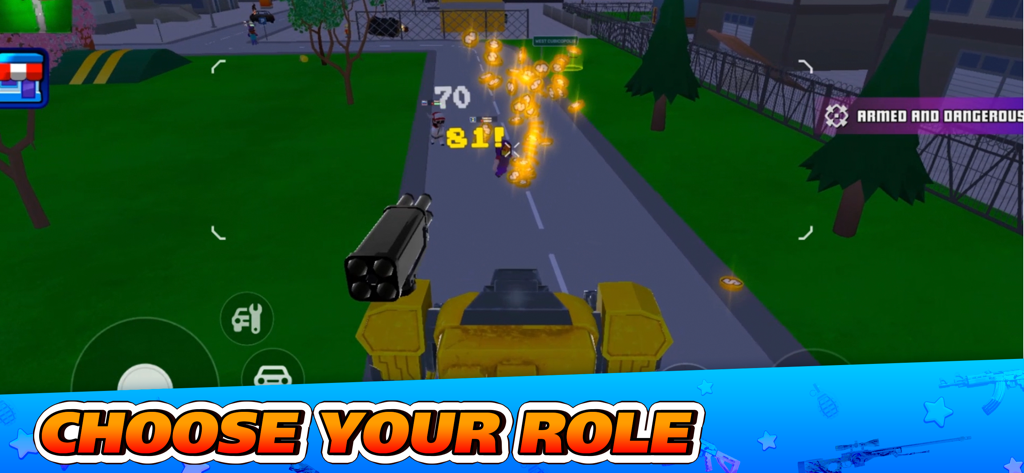 Gangs Wars City: Pixel Shooter - Gangs Wars City pixel shooter gameplay showing a first person view of a yellow mech shooting enemies in a blocky world with Choose Your Role text overlay