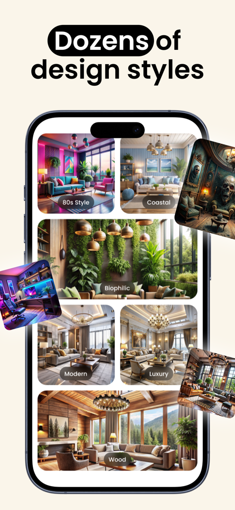 Interior design by Home AI - Home AIアプリのインターフェース内で、モダン、ラグジュアリー、バイオフィリックなどの様々なインテリアデザインスタイルを表示するスマートフォンの画面。
