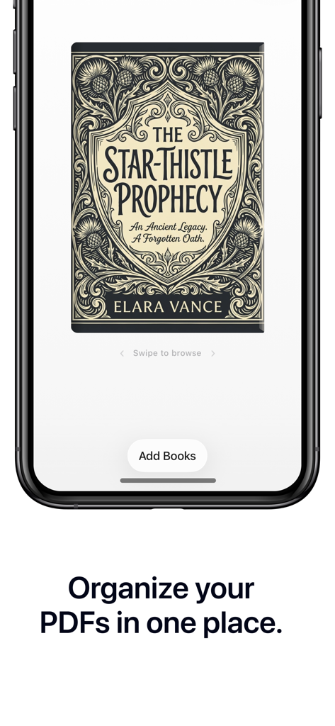 Paged - PDF Library & Reader - Eine Mobile-App-Oberfläche, die ein digitales Buchcover und eine Schaltfläche zum Hinzufügen von Büchern zur Organisation von PDFs anzeigt