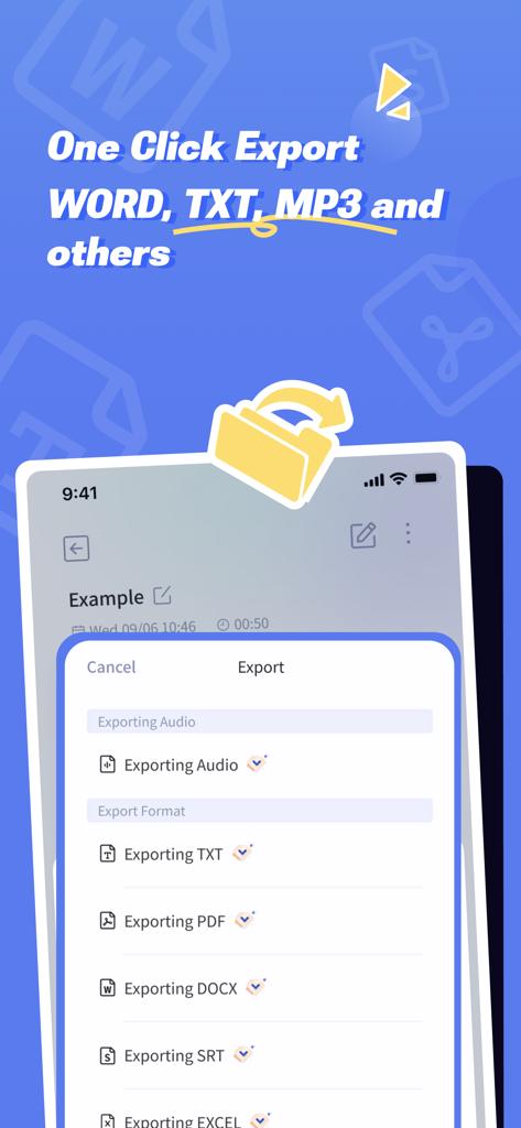 秒转翻译官：SecsTrans Translator - Interface do aplicativo SecsTrans Translator mostrando o menu de exportação para converter gravações em Word, TXT, MP3 e outros formatos de documento.
