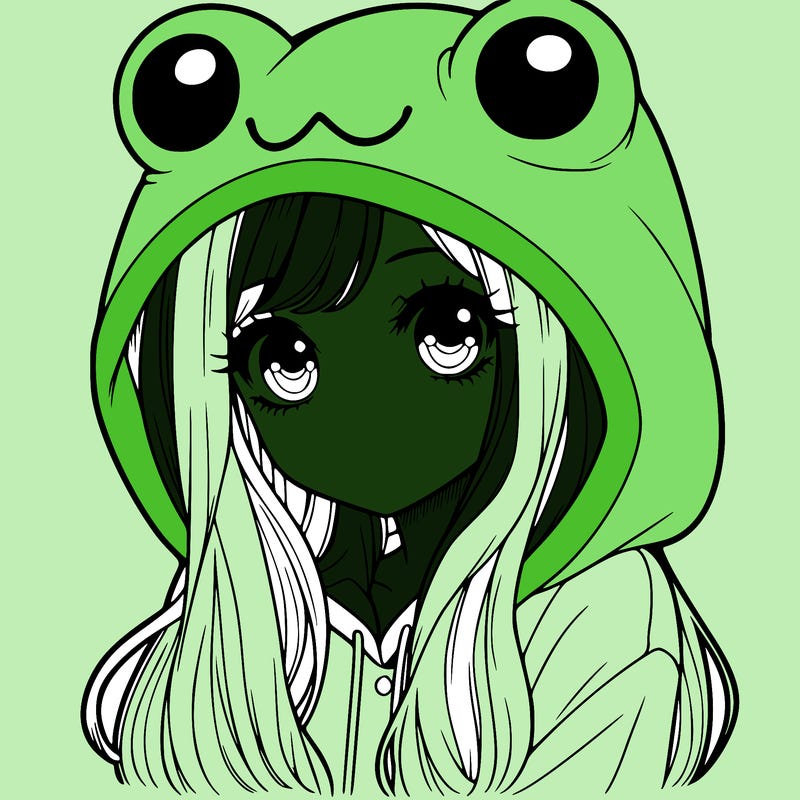 a pretty girl wearing a frog hoodie portrait with long hair