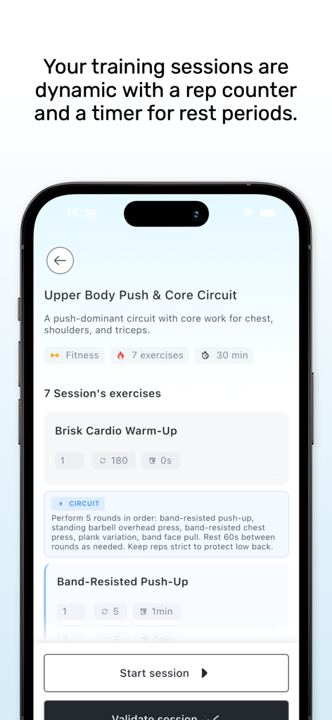 MyTrainer app interface showing an upper body push and core circuit with exercise tracking features