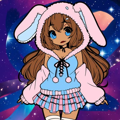 pretty anime girl wearing a fluffy hoodie with bunny ears on the hood and a skirt