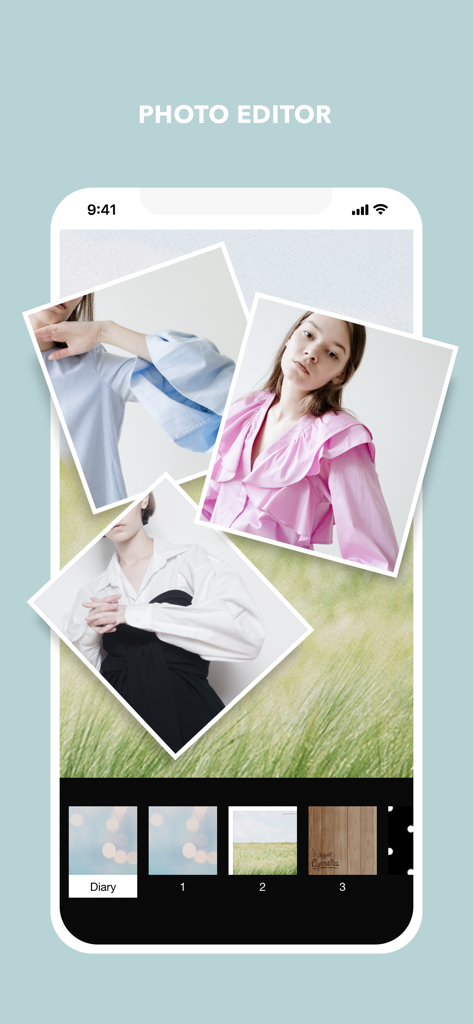 Cymera mobile app interface showcasing a photo collage and editing tools.