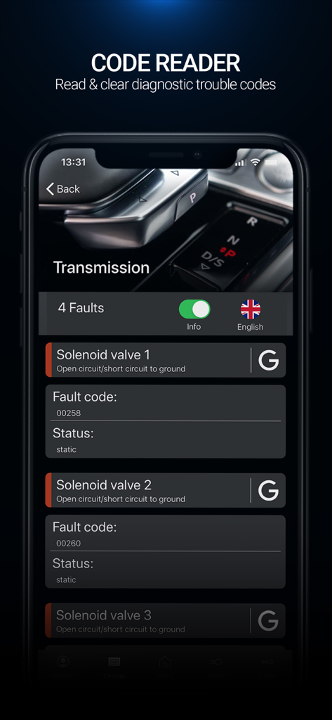OBDeleven app interface displaying transmission fault codes and descriptions on a smartphone