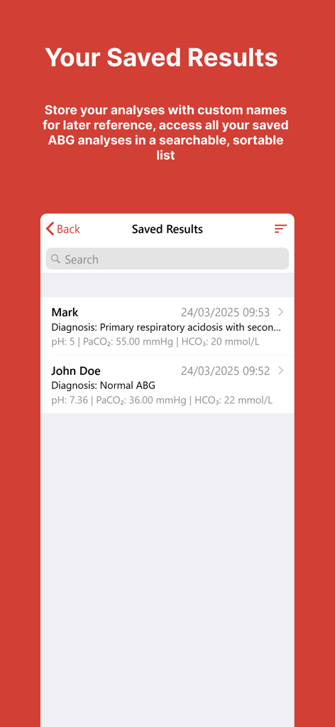 ABG Calculator - The saved results screen displaying a searchable list of patient blood gas analyses.