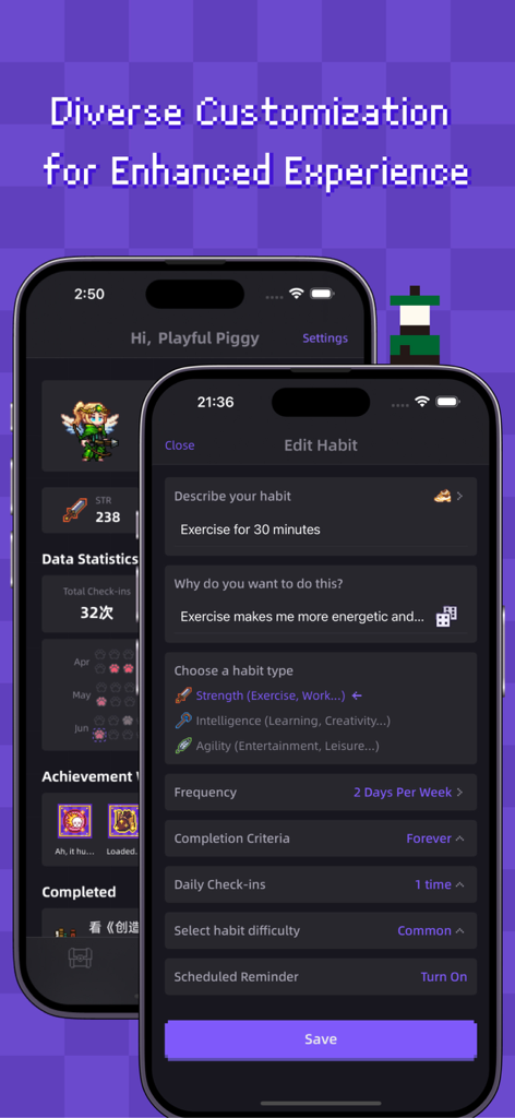Habicat app screen showing habit customization options with pixel art design.