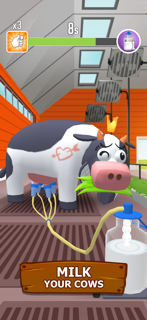 Milk Farm Tycoon - A cartoon cow being milked in the Milk Farm Tycoon mobile app