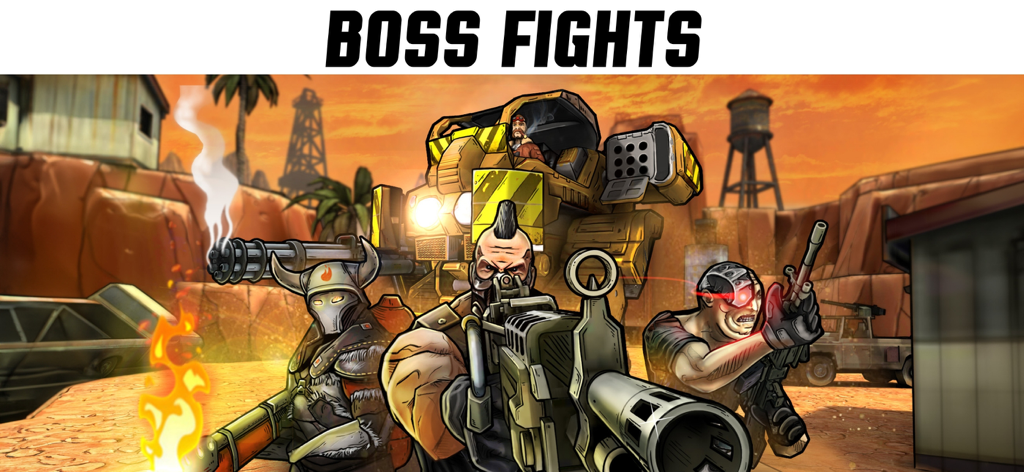 Gun 2 Shooting Game : FPS - Personagens chefes em estilo de arte de quadrinhos e um grande mech do jogo Gun 2 Shooting Game.