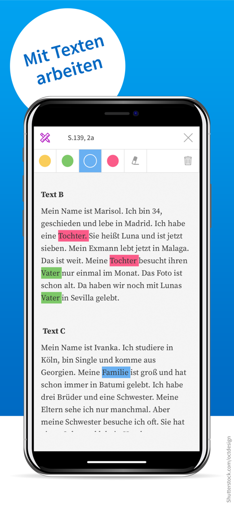 PagePlayer - Cornelsen - Smartphone screen showing German text with highlighting and annotation tools in the PagePlayer app