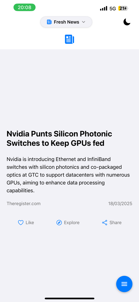 TechTok app interface showing a concise news summary about Nvidia silicon photonics and GPUs