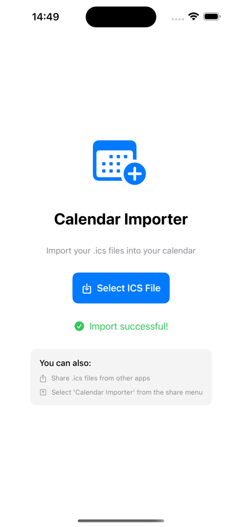 Calendar Importer - Interface of the Calendar Importer app showing a successful ICS file import notification and a button to select files.