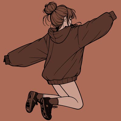realistic girl jumping with a bun and oversized sweatshirt
