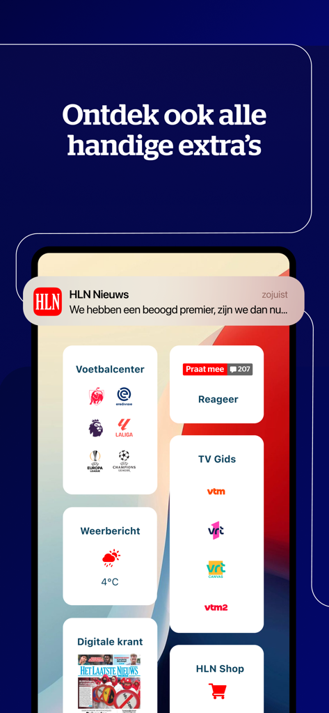 Interfaz de la aplicación de noticias HLN que muestra funciones adicionales como resultados de fútbol, ​​el pronóstico del tiempo, la guía de TV y el periódico digital