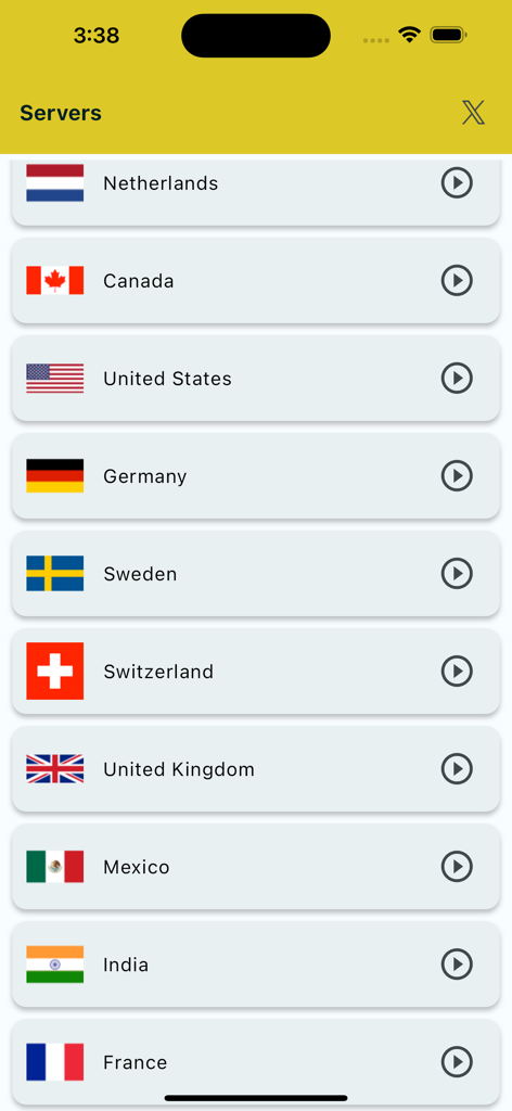 Interface of SetupVPN app showing a list of global server locations with flags
