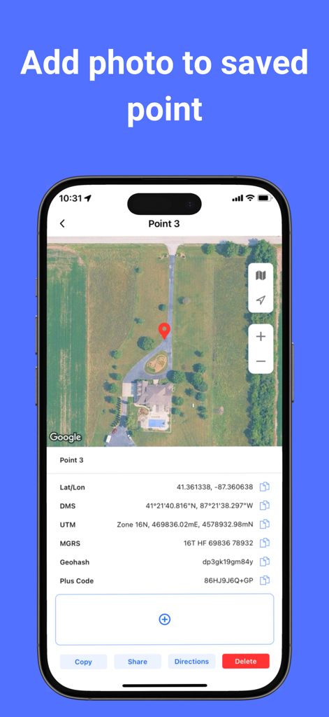 Interfaz de la aplicación UTM Geo Map con detalles de coordenadas y vista satélite