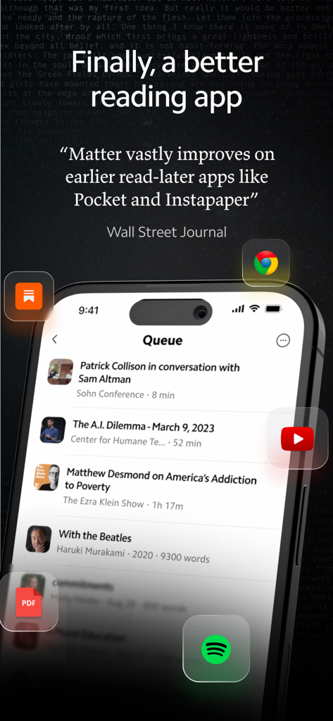 Matter: Reading App - The Matter app interface showing a reading queue of articles and podcasts on an iPhone screen.