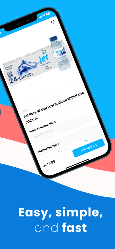 Interface do aplicativo JET Groceries mostrando um pacote de 24 garrafas de água com um botão Adicionar ao Carrinho e um slogan dizendo Fácil simples e rápido.