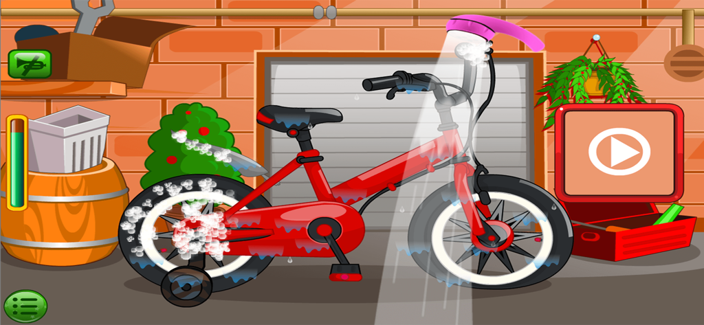 Clean Up, Bike Car Wash Games - Una bicicleta roja siendo lavada con agua y jabón en un juego para niños