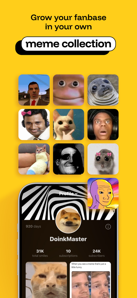 Screenshot dell'app iFunny che mostra un profilo utente e una griglia di meme popolari di Internet