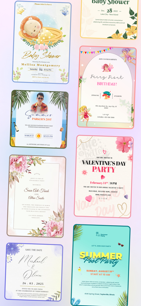 Invitation Card Design Maker - A variety of colorful and customizable invitation card templates for baby showers birthdays weddings and parties