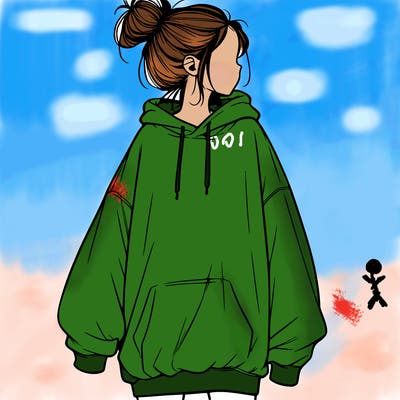 realistic girl with a oversized sweatshirt on and a bun