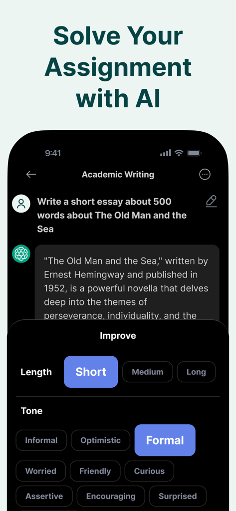 Chat Smith AI app interface showing an academic writing tool generating an essay with customizable tone and length options.