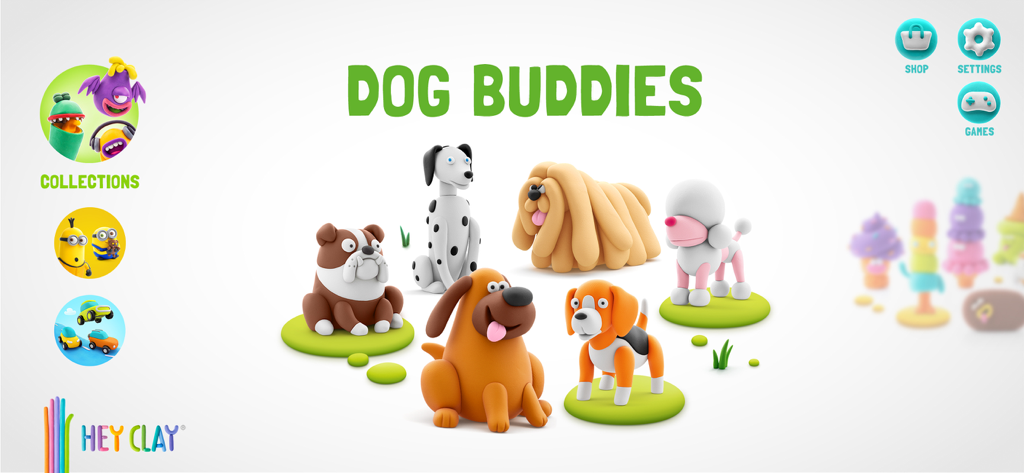 HEY CLAY® - HEY CLAY app interface showing the Dog Buddies clay modeling collection with various sculpted dog characters