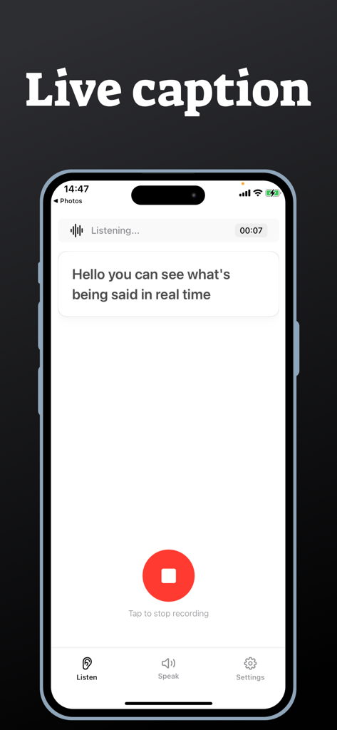 Real time speech to text live caption interface on the Deaf Transcribe Assistant app