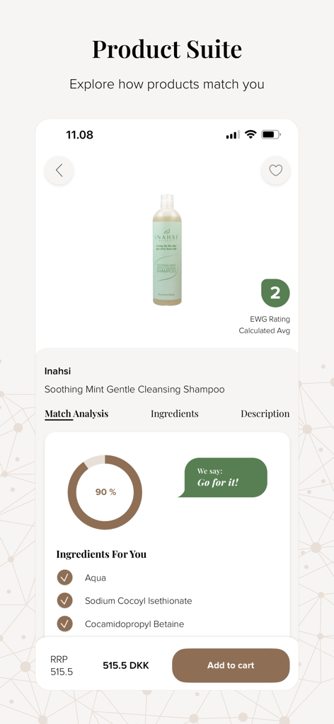 Compar - AI Hair Care Advisor - Mobile app interface showing a 90 percent match analysis for a shampoo product including ingredient safety scores and an add to cart button
