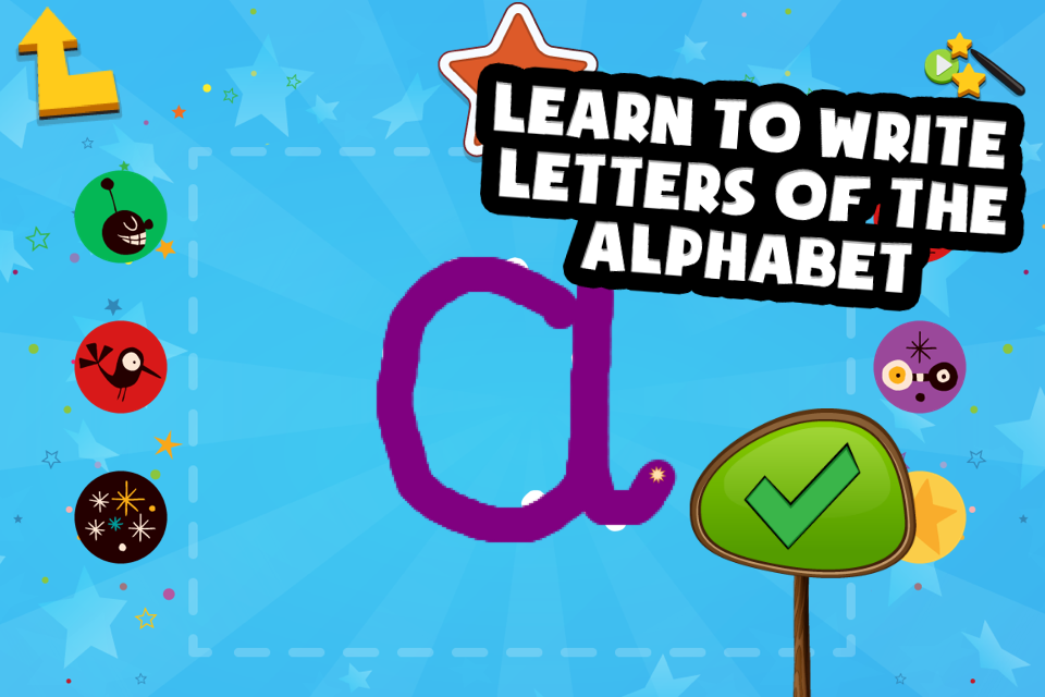 Writing Magic Letters : Kids learn to write - Alphabet tracing screen showing a handwritten letter a and a checkmark